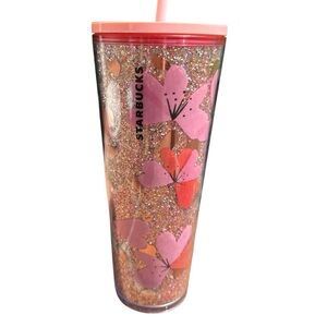 Starbucks Valentine's Day Pink Flower Hearts Rose Gold Glitter 24oz Tumbler